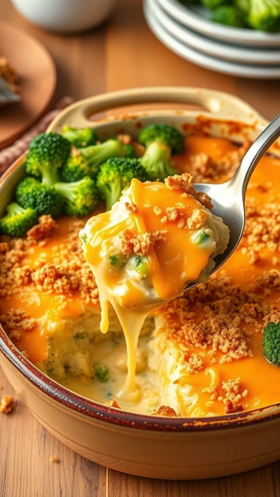 A cheesy chicken and broccoli casserole with melted cheese and breadcrumbs, in a baking dish on a wooden table.